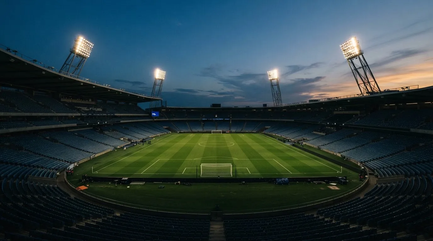 Een leeg voetbalstadion met lichtmasten bij schemering