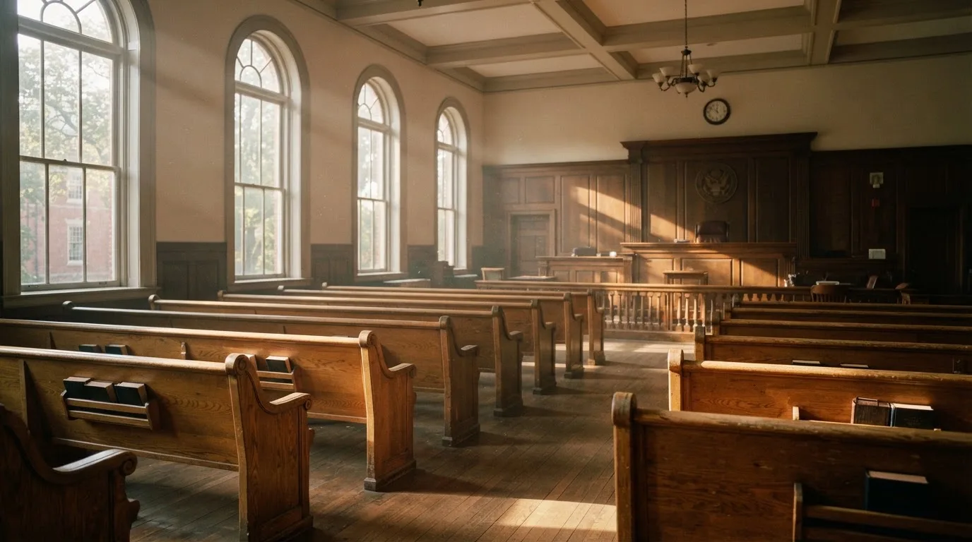 Een lege rechtszaal met houten banken in het ochtendlicht
