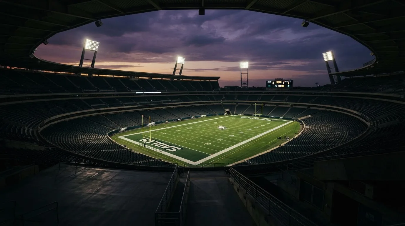 Een leeg voetbalstadion met lichtmasten bij schemering