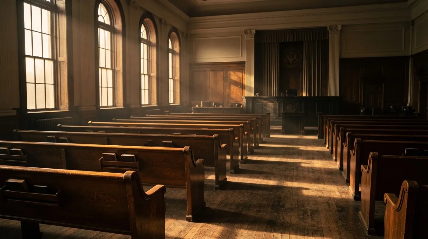 Een lege rechtszaal met houten banken in het ochtendlicht