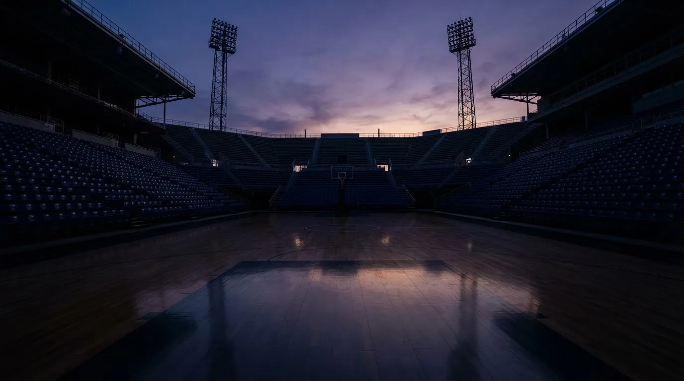 Een leeg voetbalstadion met lichtmasten bij schemering