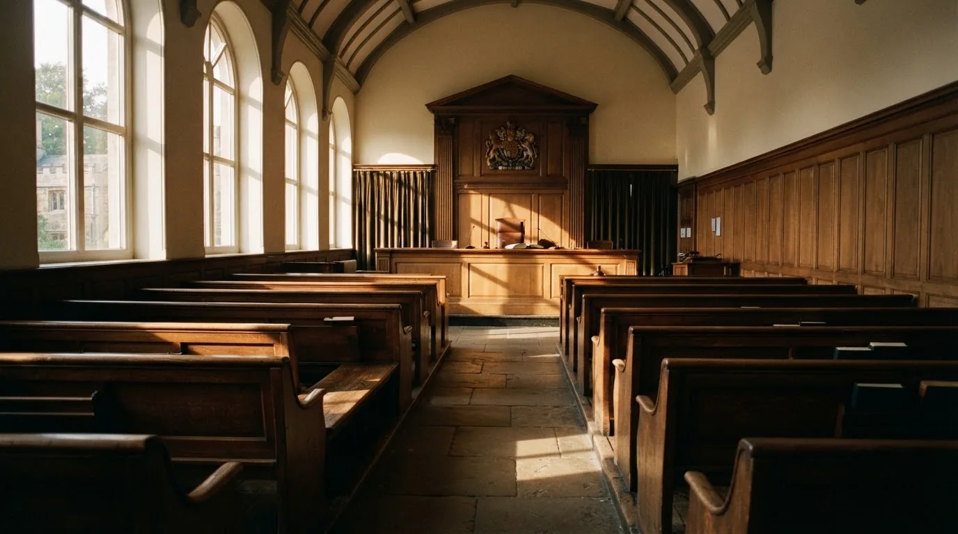 Een lege rechtszaal met houten banken in het ochtendlicht