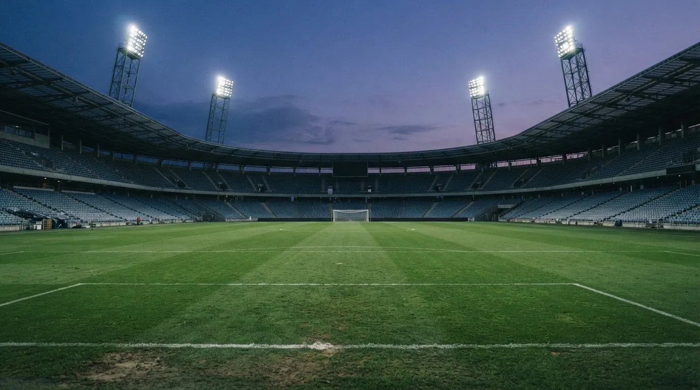 Een leeg voetbalstadion met lichtmasten bij schemering