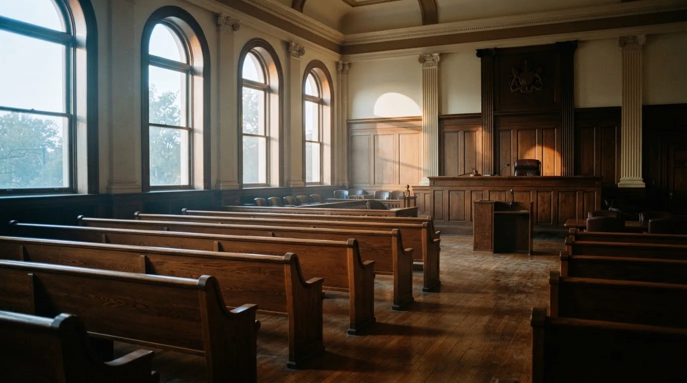 Een lege rechtszaal met houten banken in het ochtendlicht