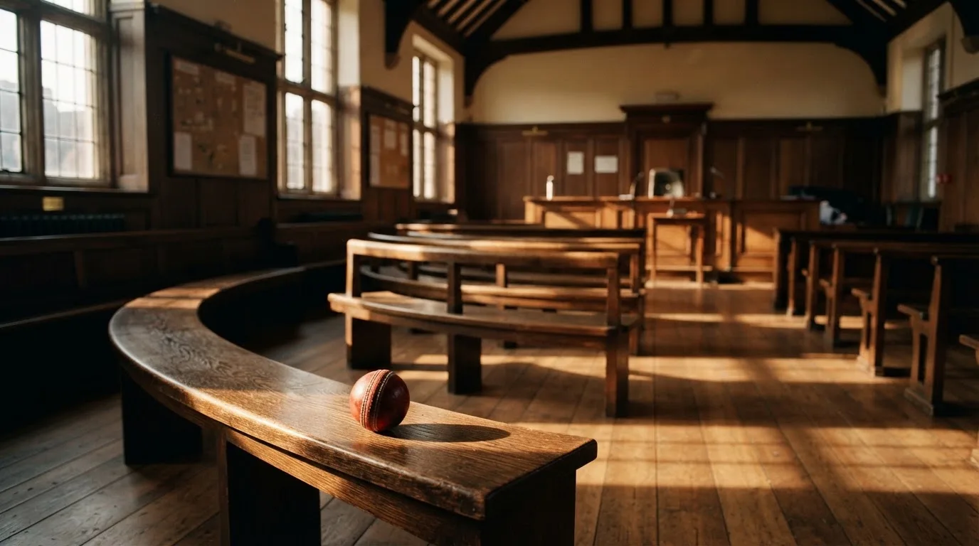 Een lege rechtszaal met houten banken in het ochtendlicht