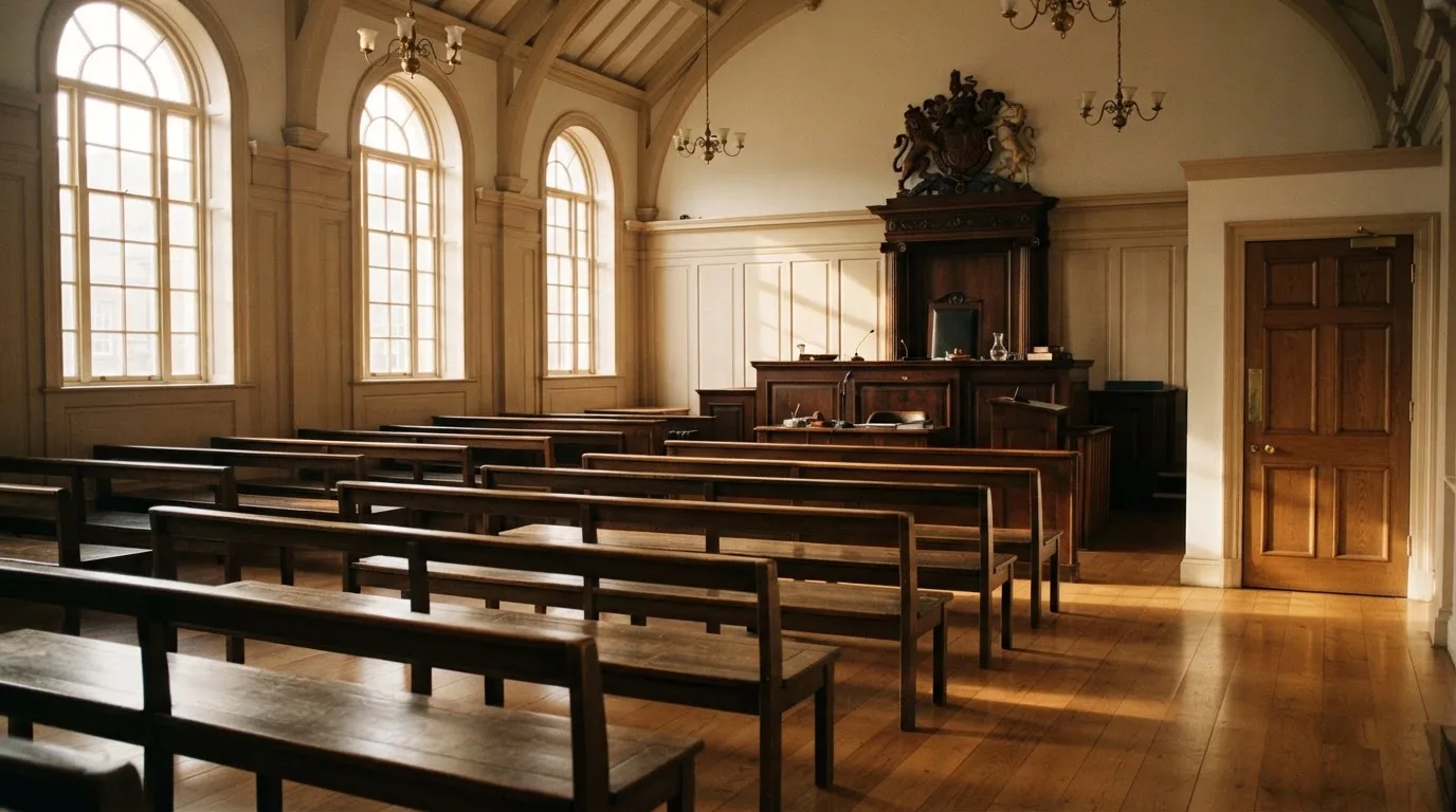 Een lege rechtszaal met houten banken in het ochtendlicht