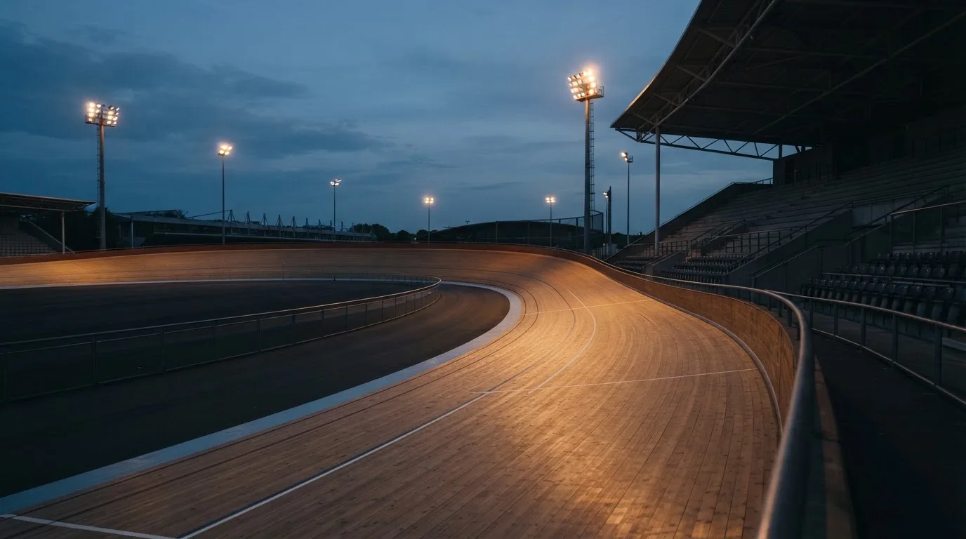 Een leeg voetbalstadion met lichtmasten bij schemering
