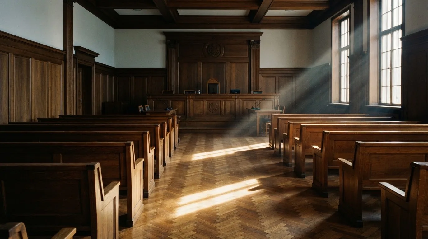 Een lege rechtszaal met houten banken in het ochtendlicht