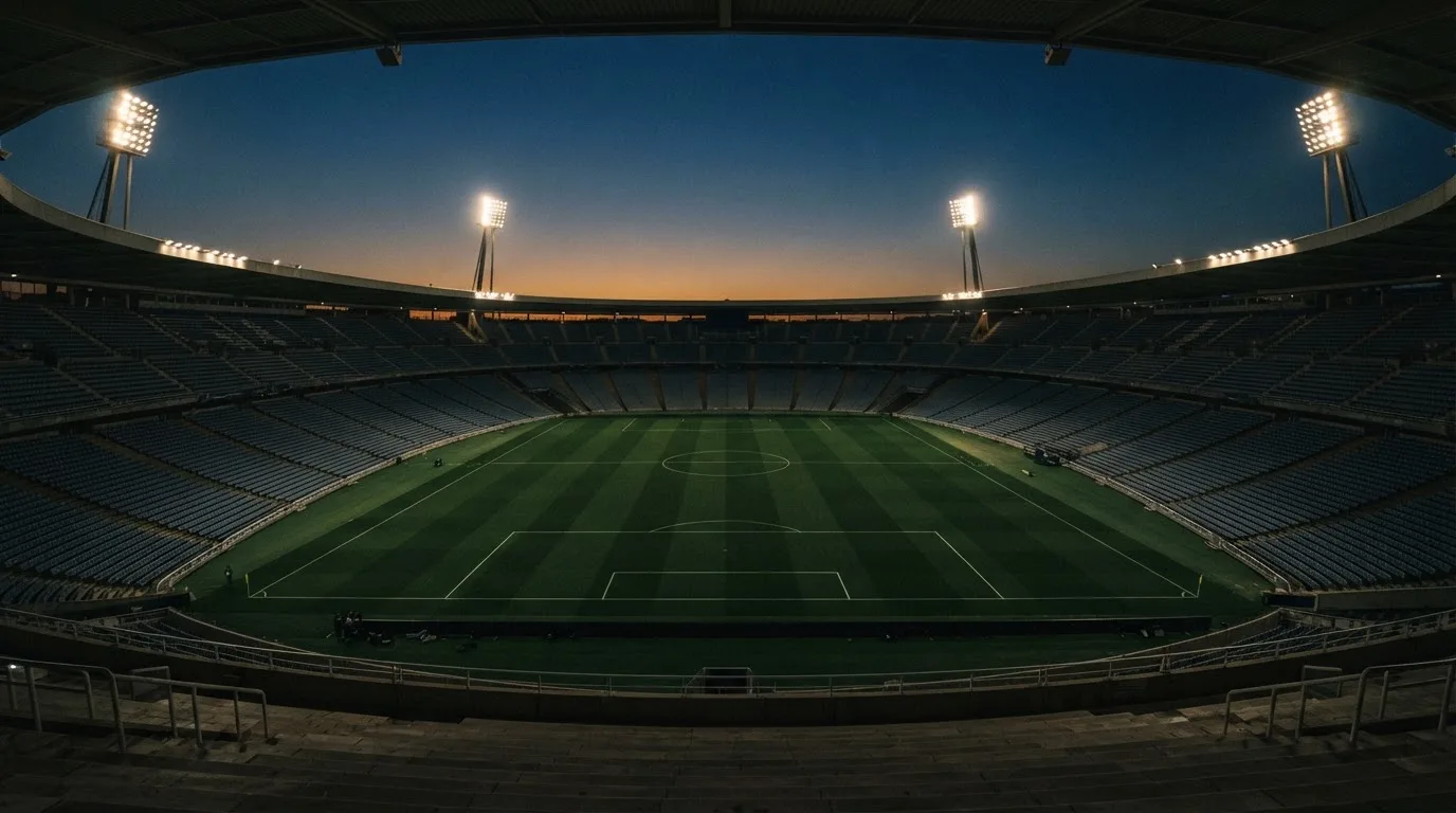 Een leeg voetbalstadion met lichtmasten bij schemering