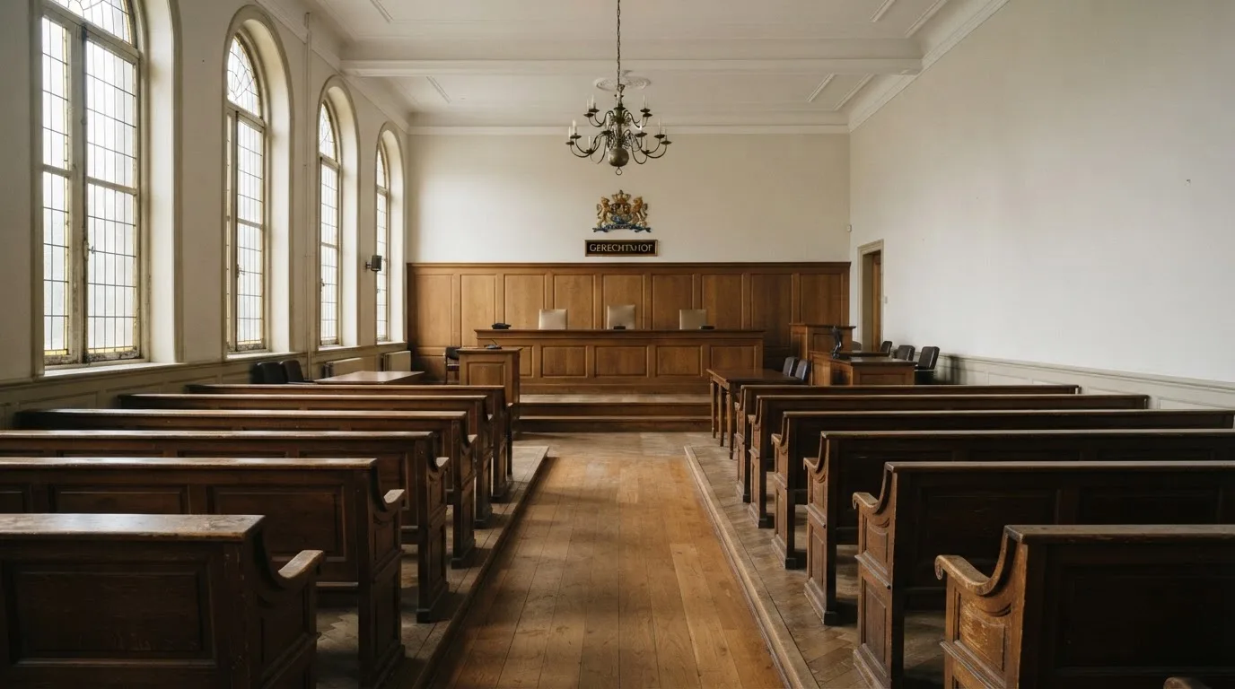 Een lege rechtszaal met houten banken in het ochtendlicht