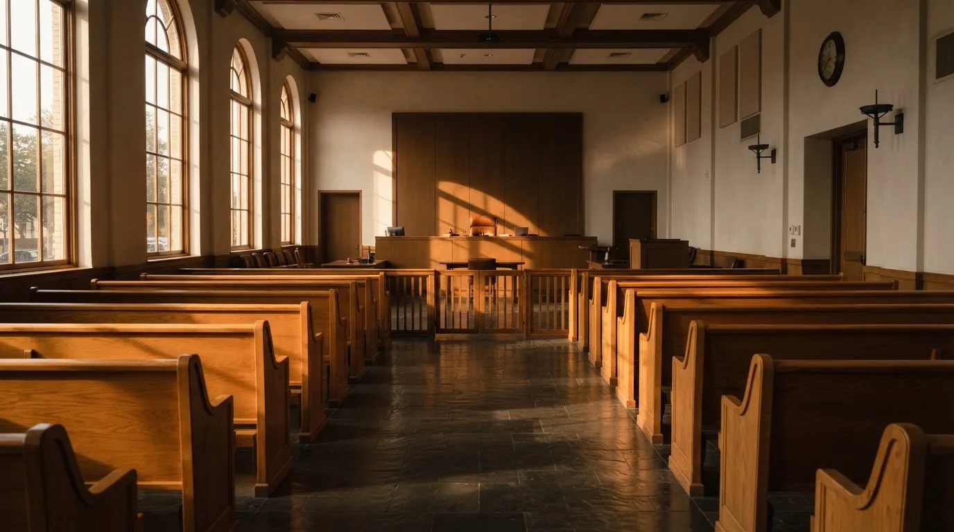 Een lege rechtszaal met houten banken in het ochtendlicht