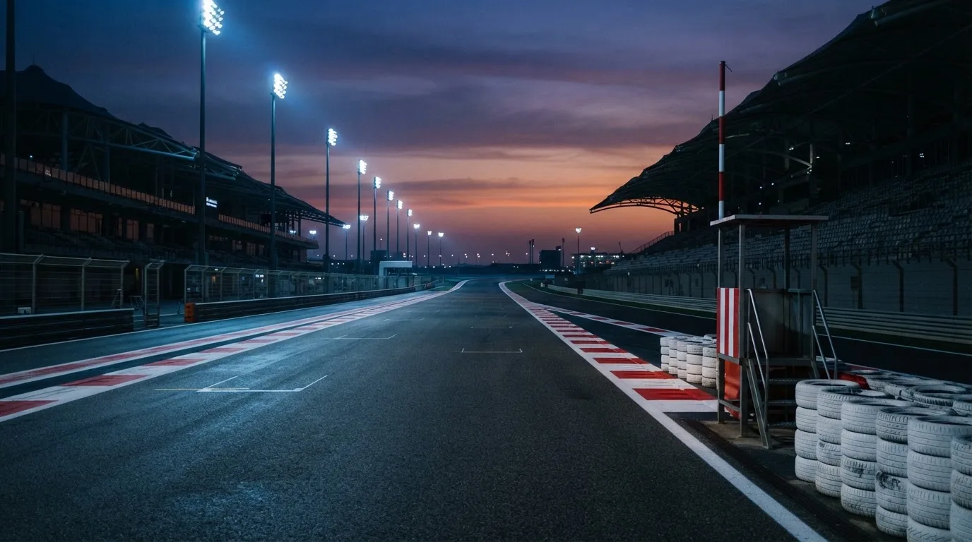 Een leeg voetbalstadion met lichtmasten bij schemering