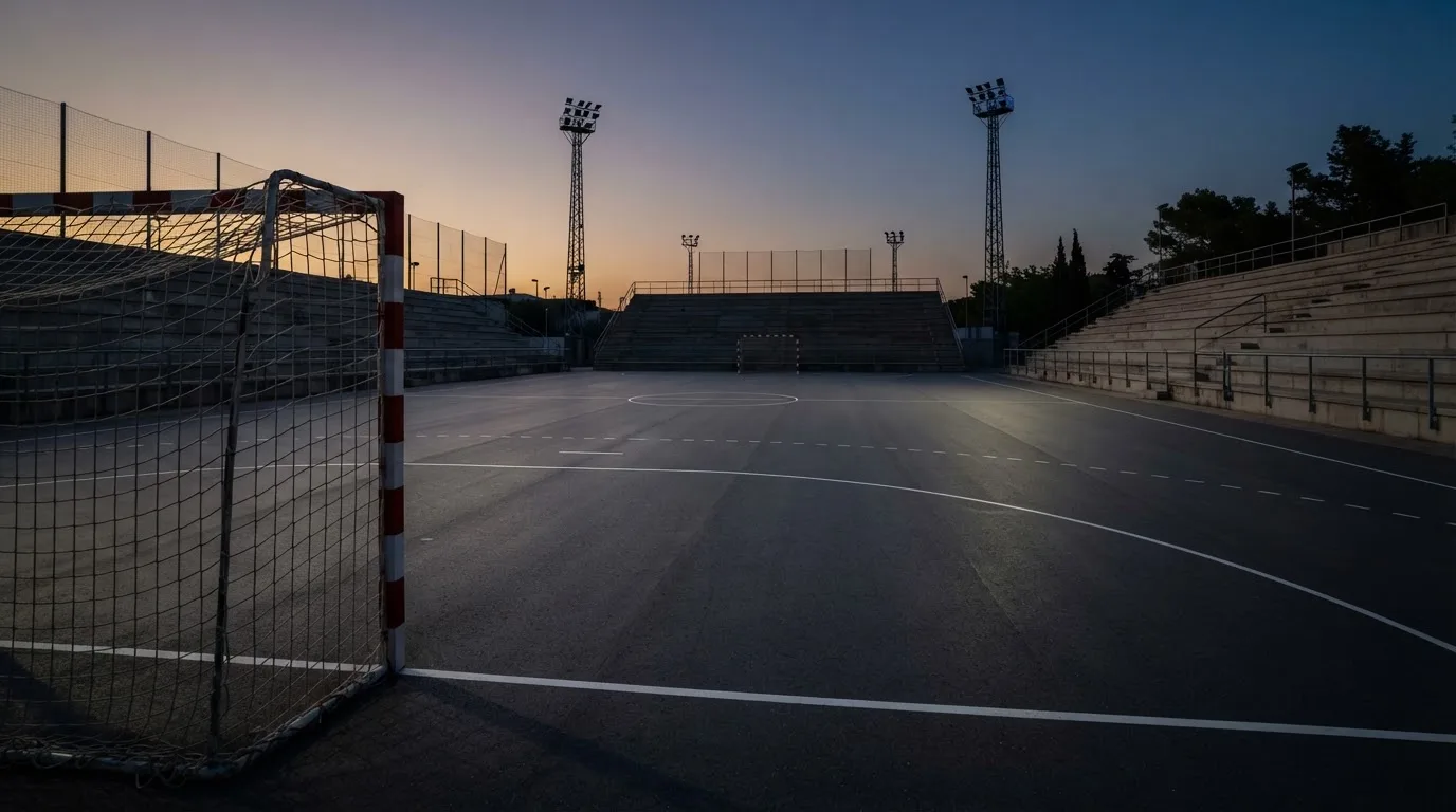 Een leeg voetbalstadion met lichtmasten bij schemering