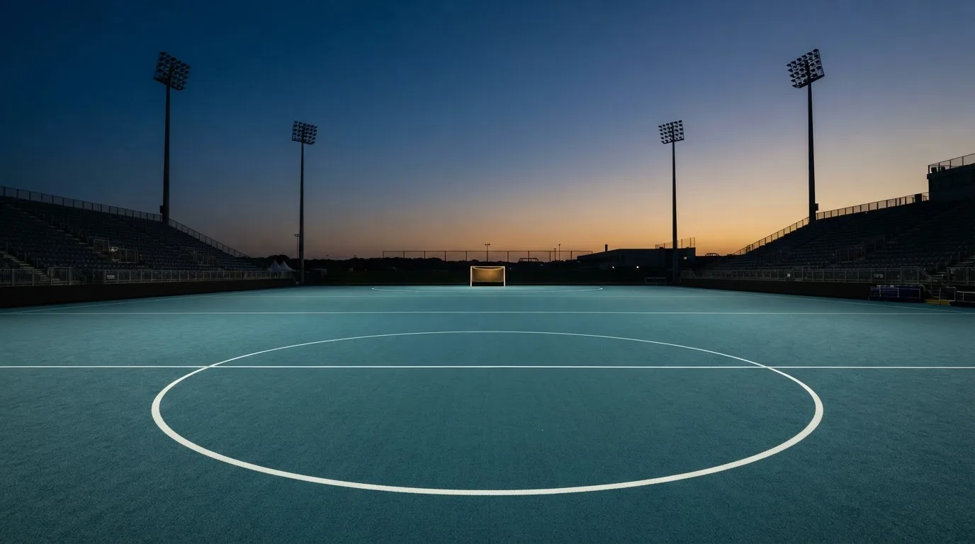 Een leeg voetbalstadion met lichtmasten bij schemering
