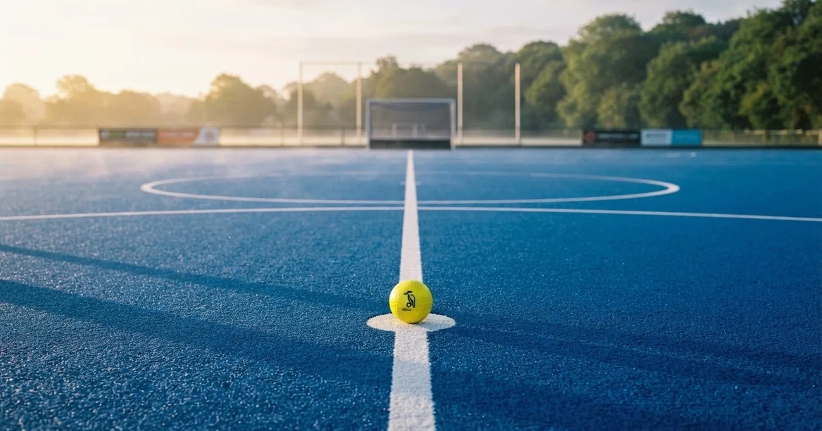 Een voetbal op de middenstip van een grasveld in het ochtendlicht