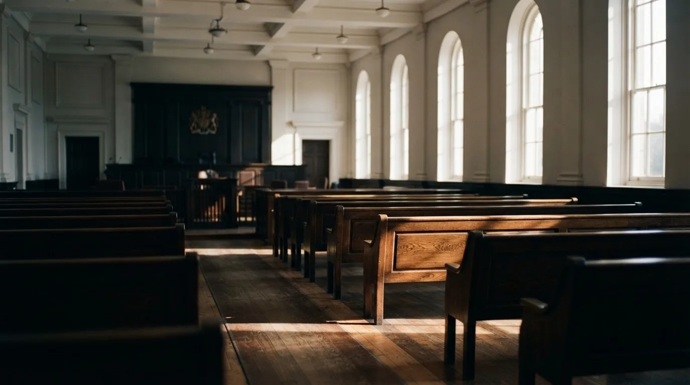 Een lege rechtszaal met houten banken in het ochtendlicht