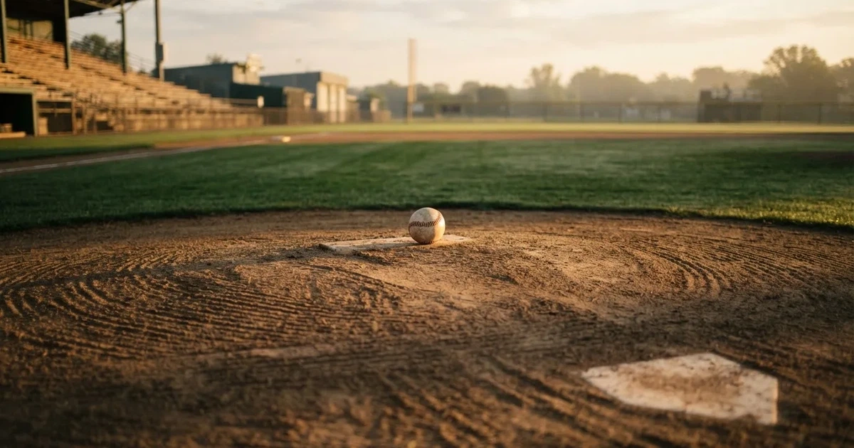 Een voetbal op de middenstip van een grasveld in het ochtendlicht