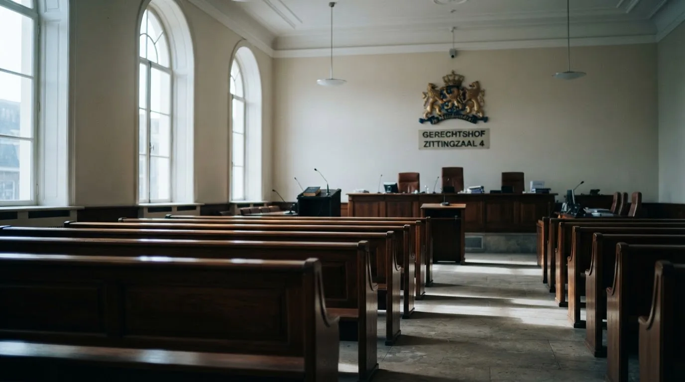 Een lege rechtszaal met houten banken in het ochtendlicht