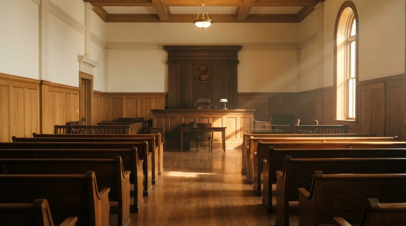 Een lege rechtszaal met houten banken in het ochtendlicht