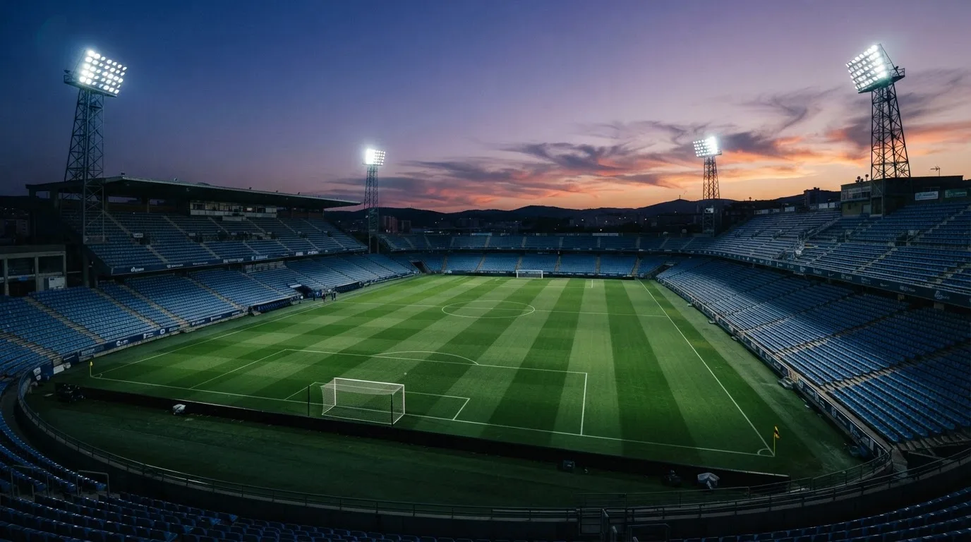 Een leeg voetbalstadion met lichtmasten bij schemering