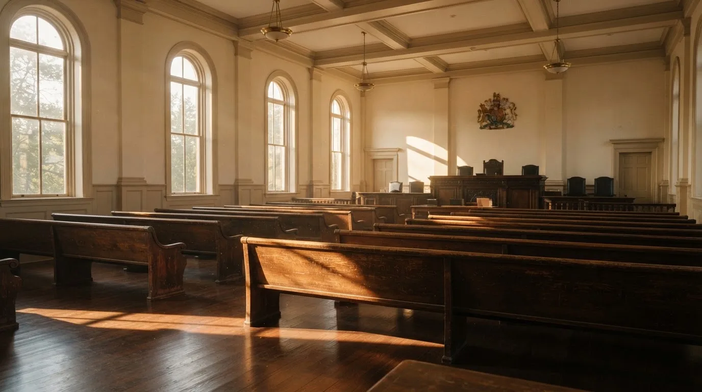 Een lege rechtszaal met houten banken in het ochtendlicht
