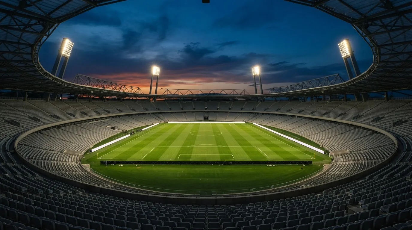 Een leeg voetbalstadion met lichtmasten bij schemering