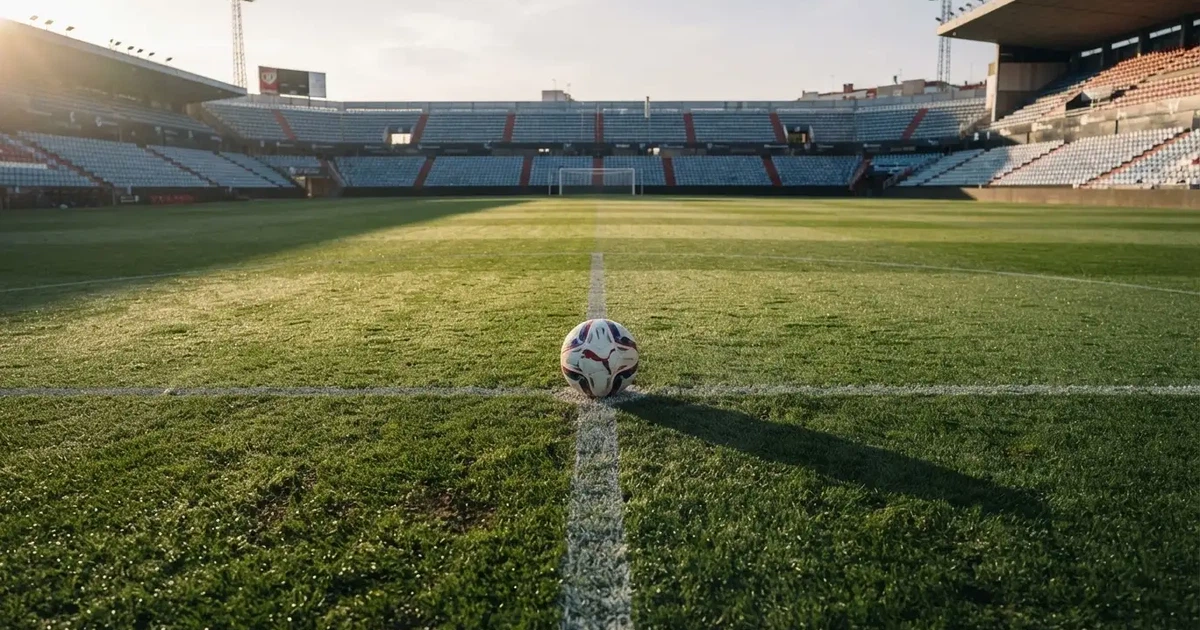 Een voetbal op de middenstip van een grasveld in het ochtendlicht