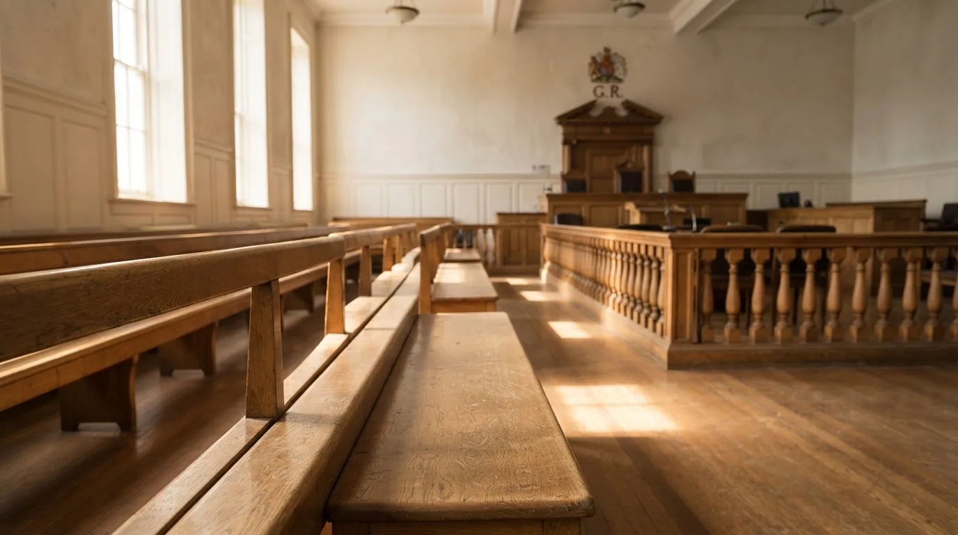 Een lege rechtszaal met houten banken in het ochtendlicht