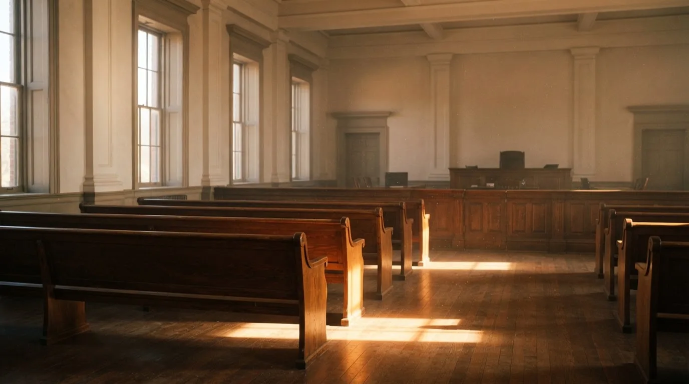 Een lege rechtszaal met houten banken in het ochtendlicht