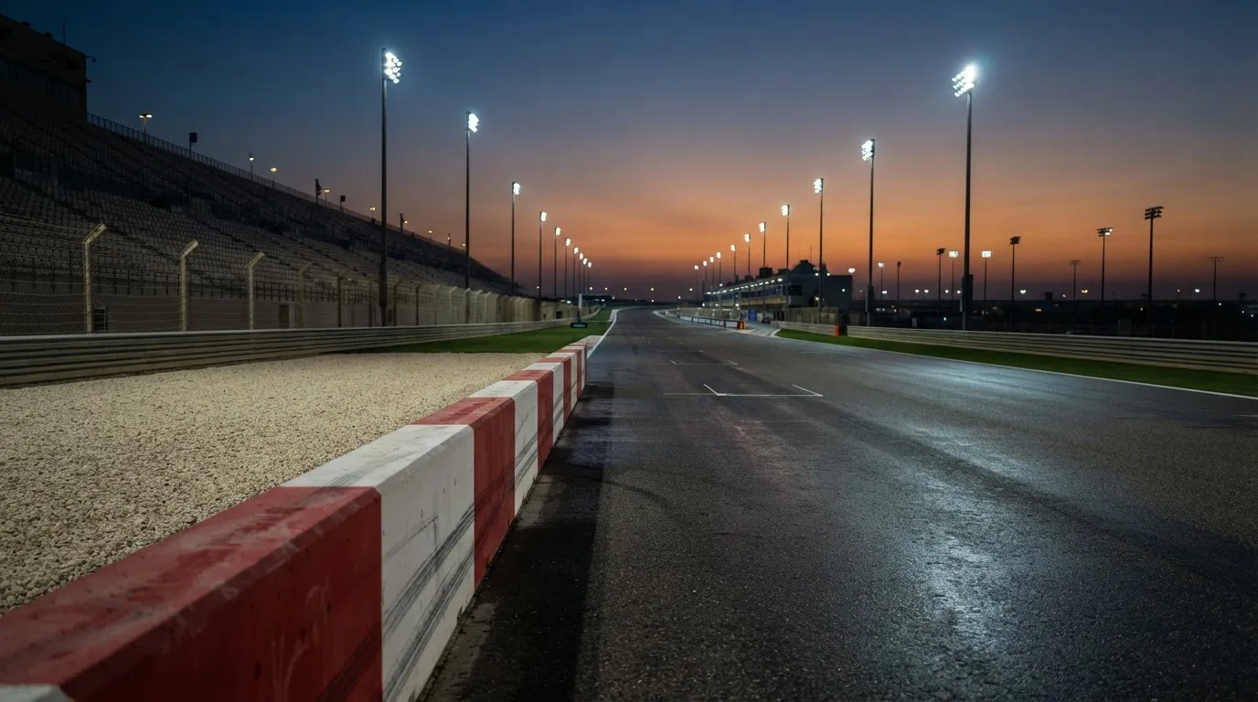 Een leeg voetbalstadion met lichtmasten bij schemering