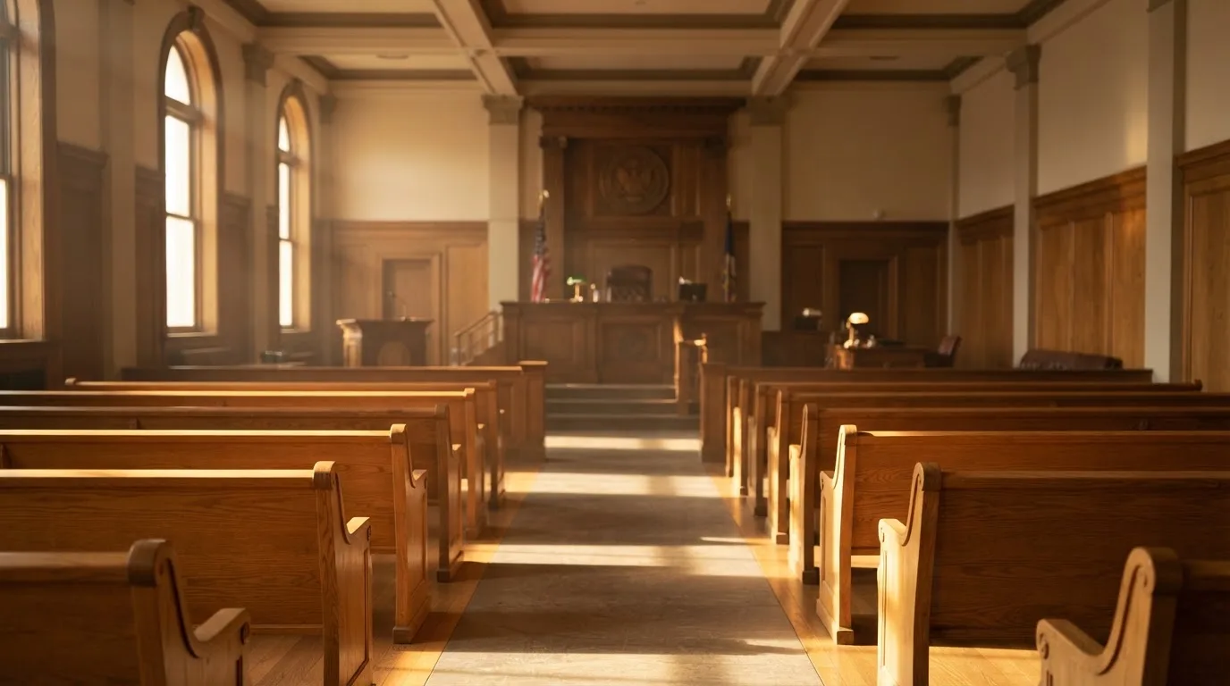 Een lege rechtszaal met houten banken in het ochtendlicht