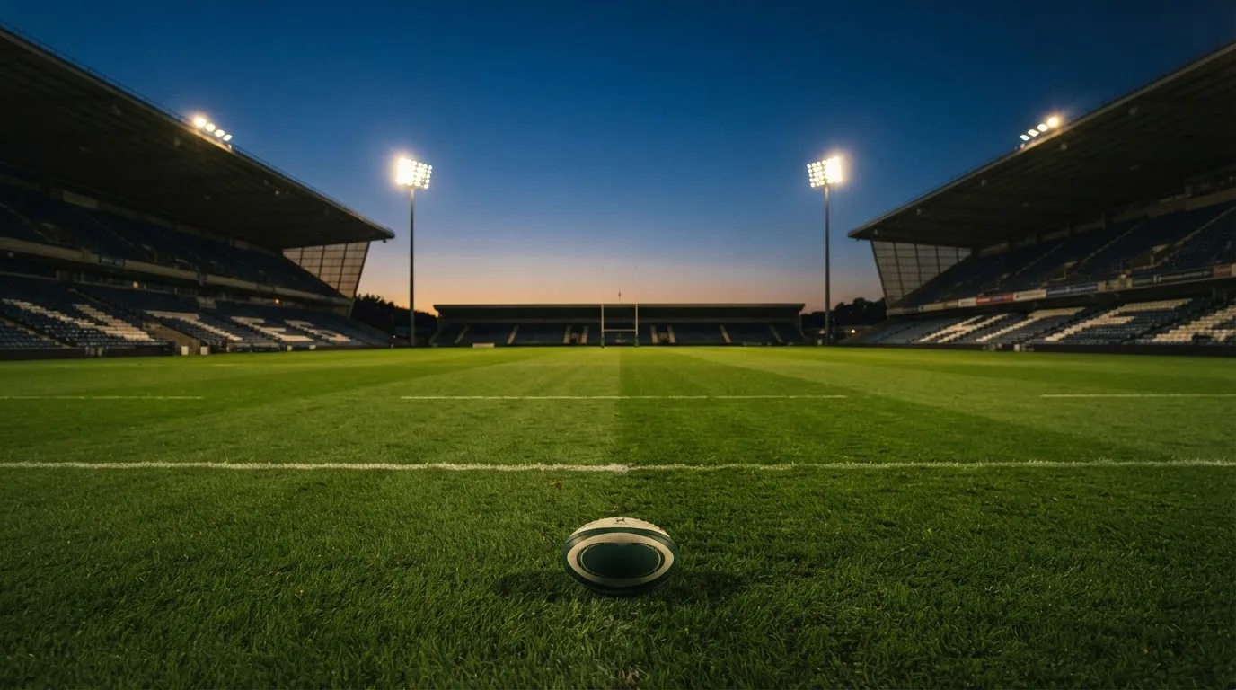 Een leeg voetbalstadion met lichtmasten bij schemering