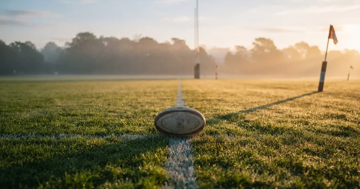 Een voetbal op de middenstip van een grasveld in het ochtendlicht