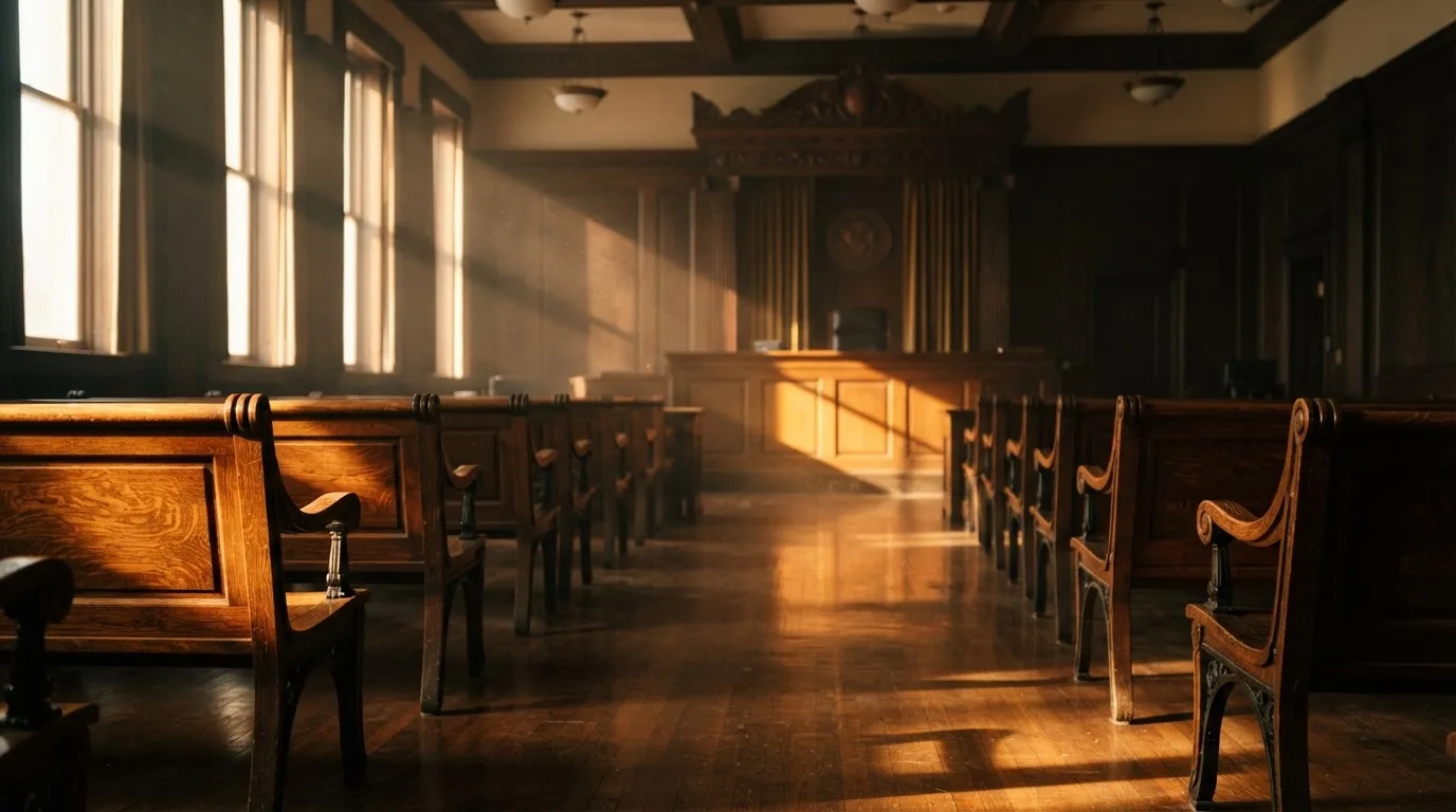 Een lege rechtszaal met houten banken in het ochtendlicht