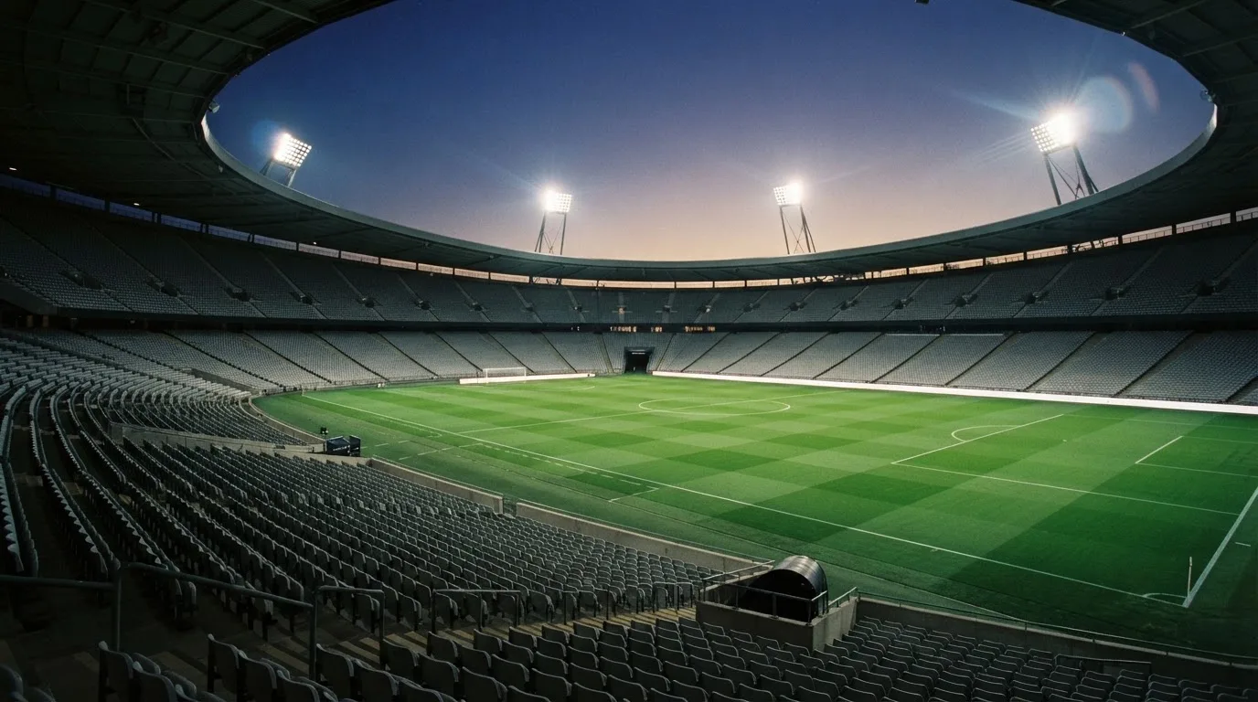 Een leeg voetbalstadion met lichtmasten bij schemering