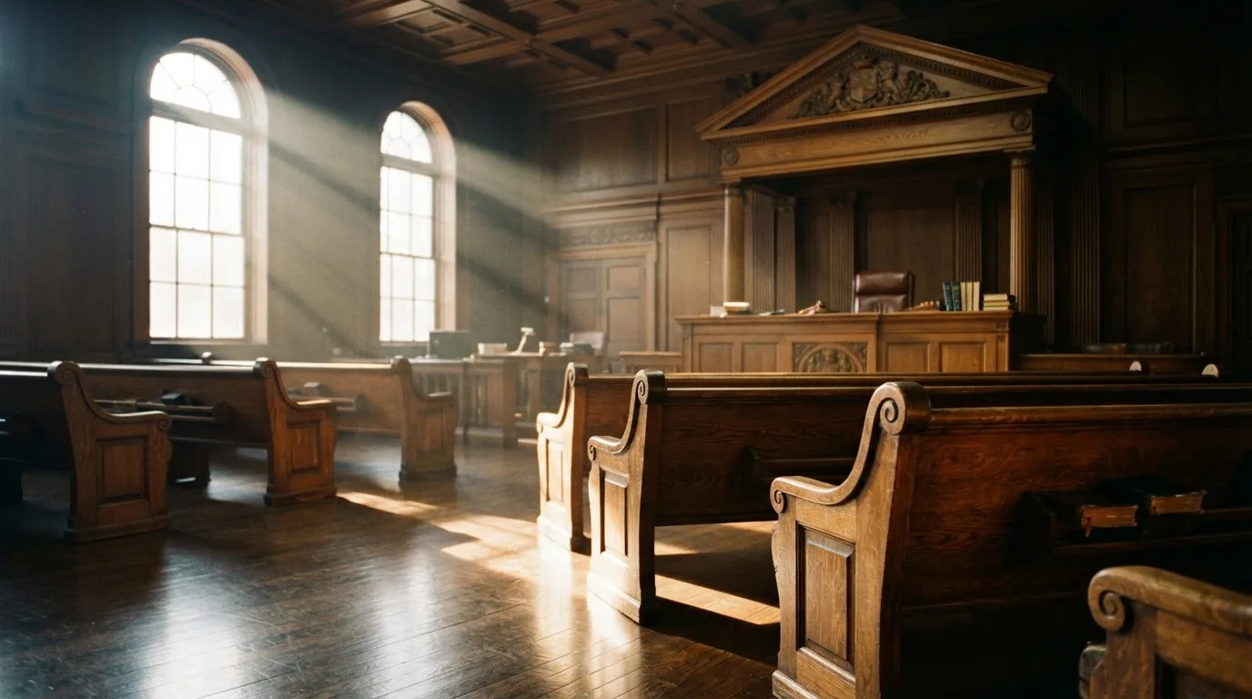 Een lege rechtszaal met houten banken in het ochtendlicht