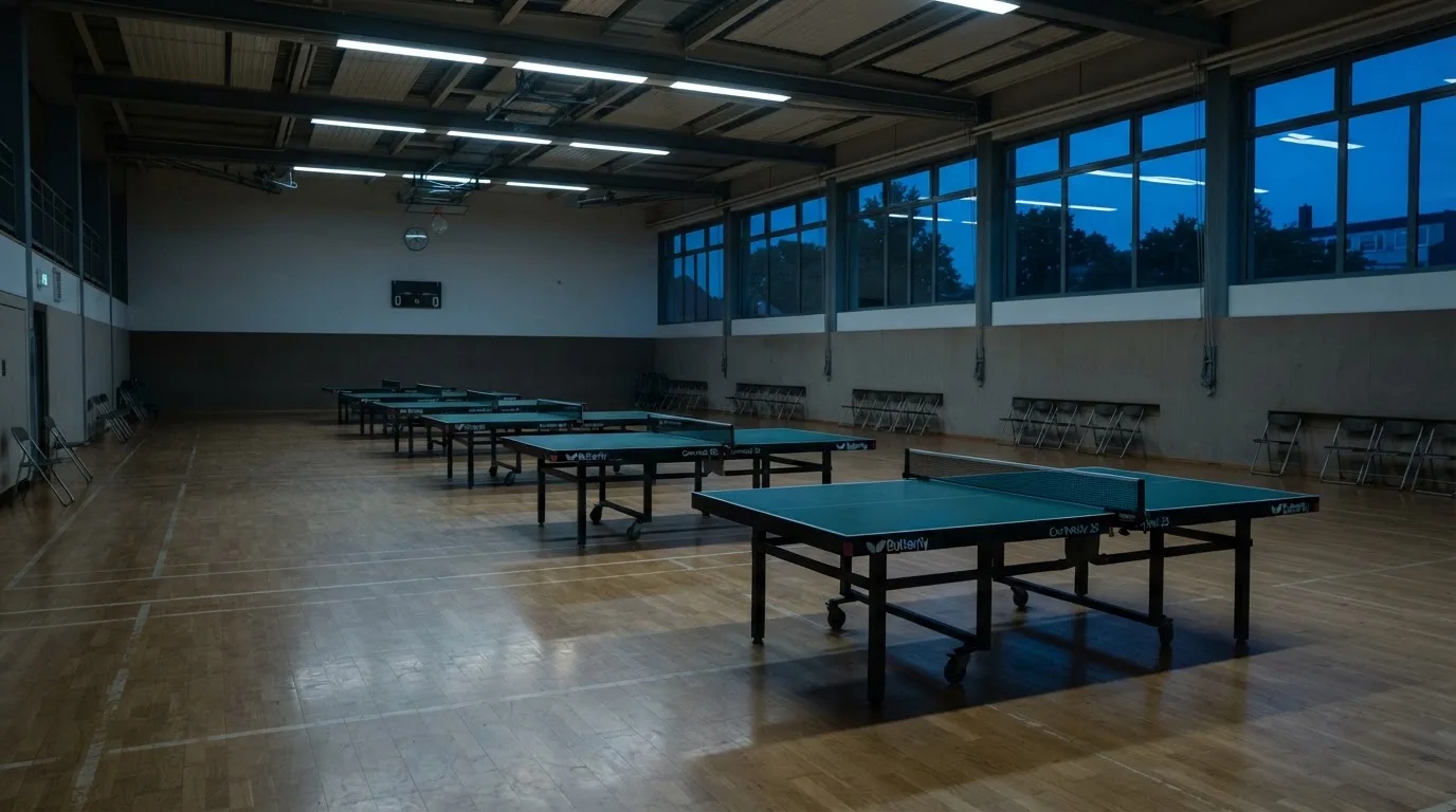 Een leeg voetbalstadion met lichtmasten bij schemering