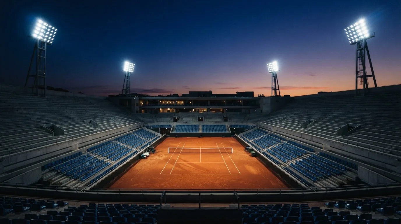 Een leeg voetbalstadion met lichtmasten bij schemering