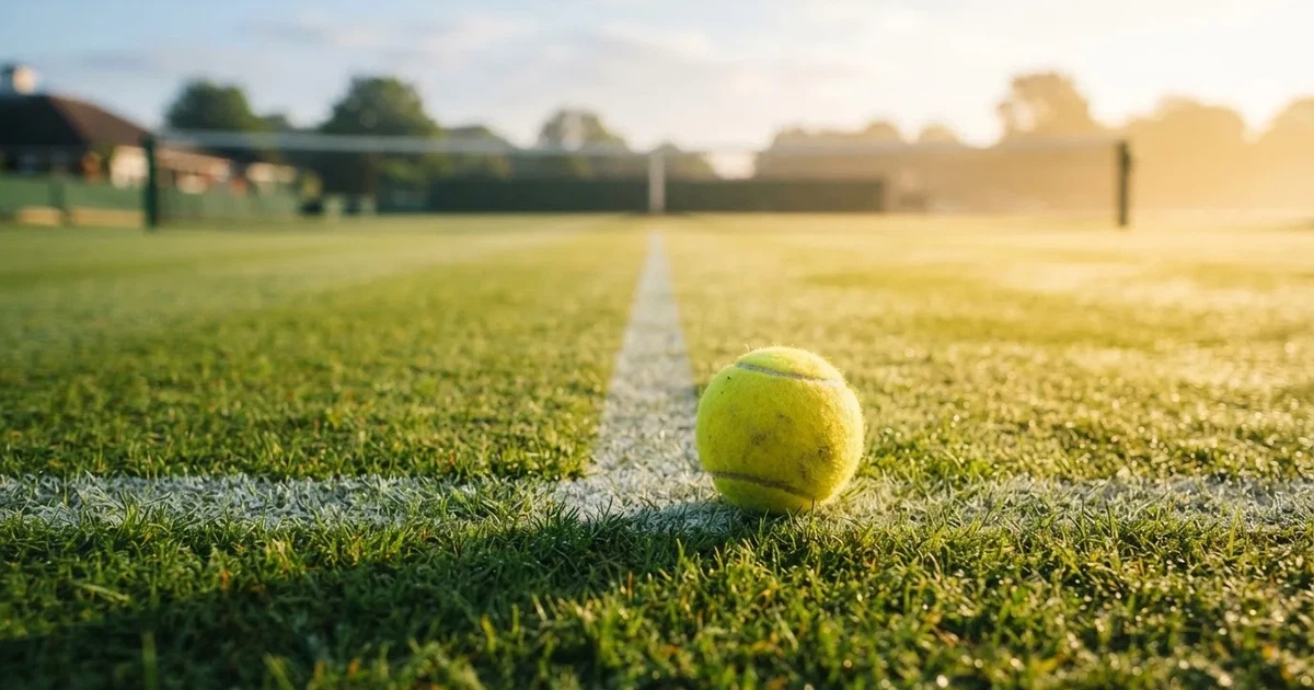 Een voetbal op de middenstip van een grasveld in het ochtendlicht