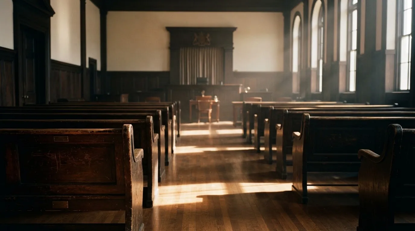 Een lege rechtszaal met houten banken in het ochtendlicht