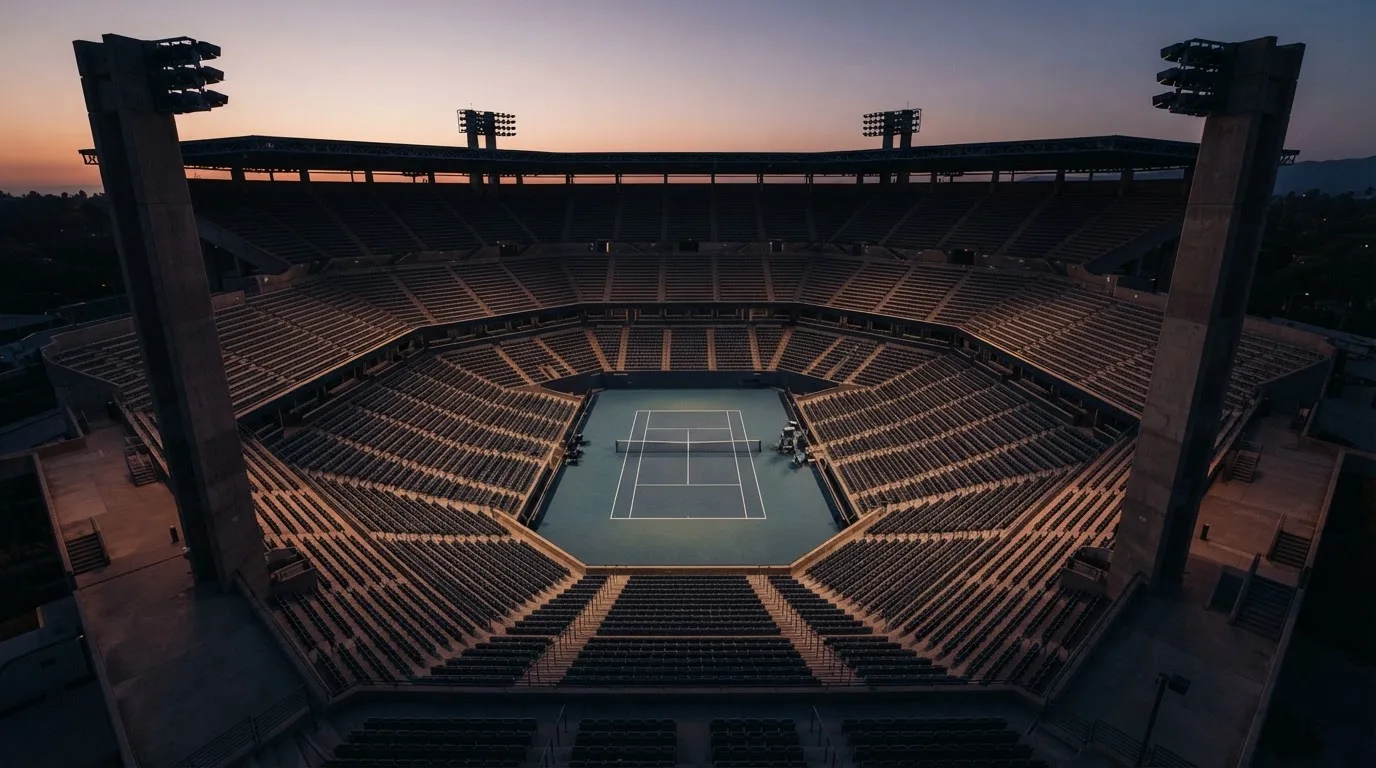 Een leeg voetbalstadion met lichtmasten bij schemering