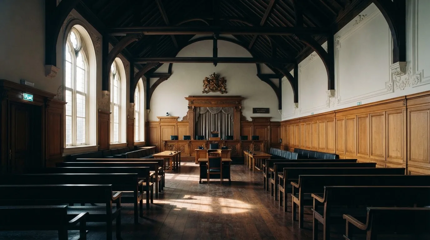 Een lege rechtszaal met houten banken in het ochtendlicht