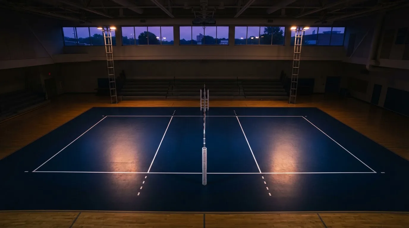 Een leeg voetbalstadion met lichtmasten bij schemering