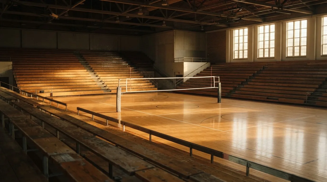 Een lege rechtszaal met houten banken in het ochtendlicht