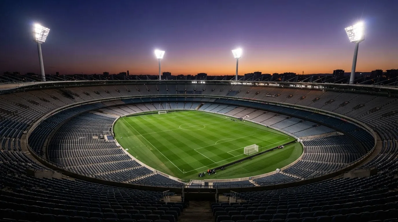 Een leeg voetbalstadion met lichtmasten bij schemering
