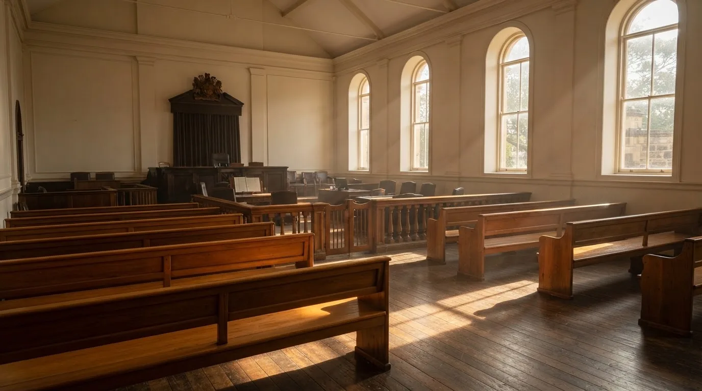 Een lege rechtszaal met houten banken in het ochtendlicht