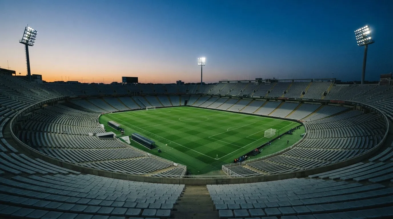 Een leeg voetbalstadion met lichtmasten bij schemering