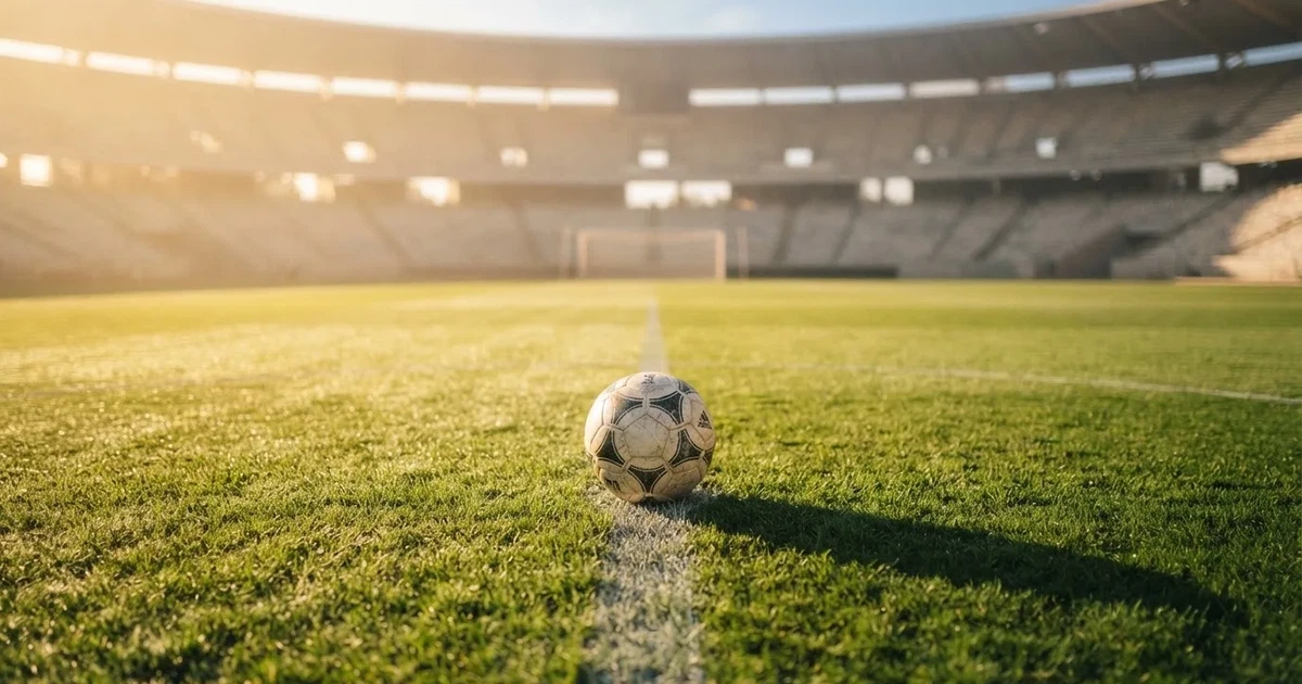 Een voetbal op de middenstip van een grasveld in het ochtendlicht