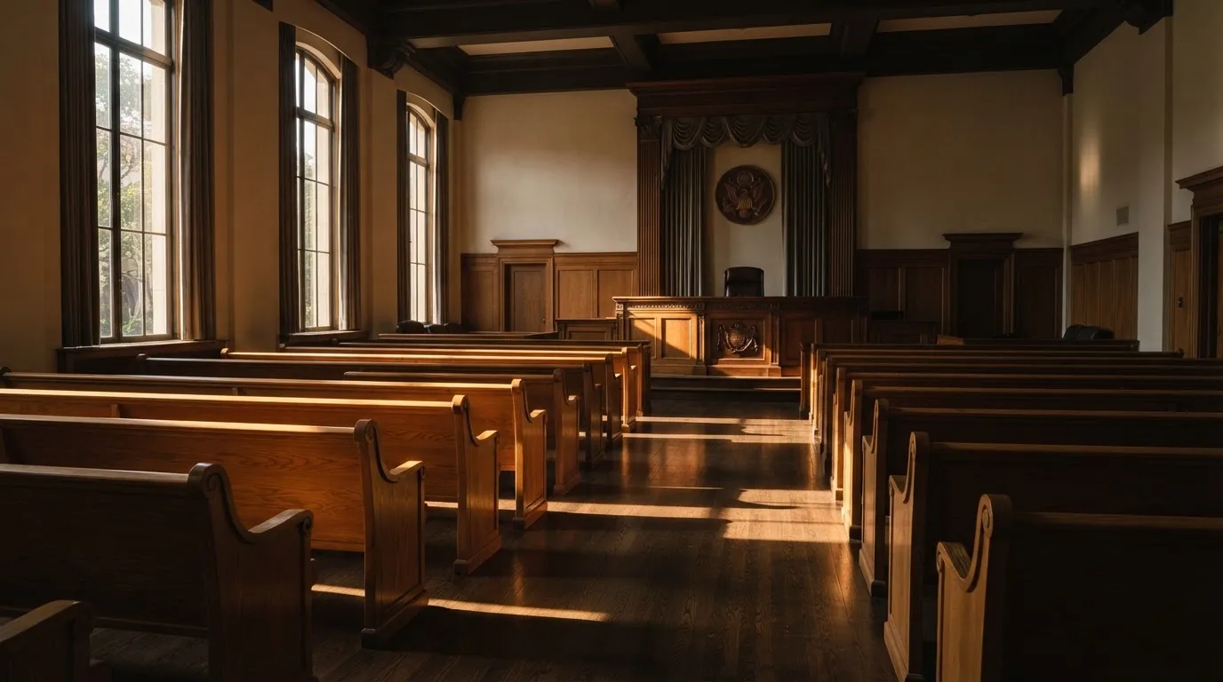 Een lege rechtszaal met houten banken in het ochtendlicht