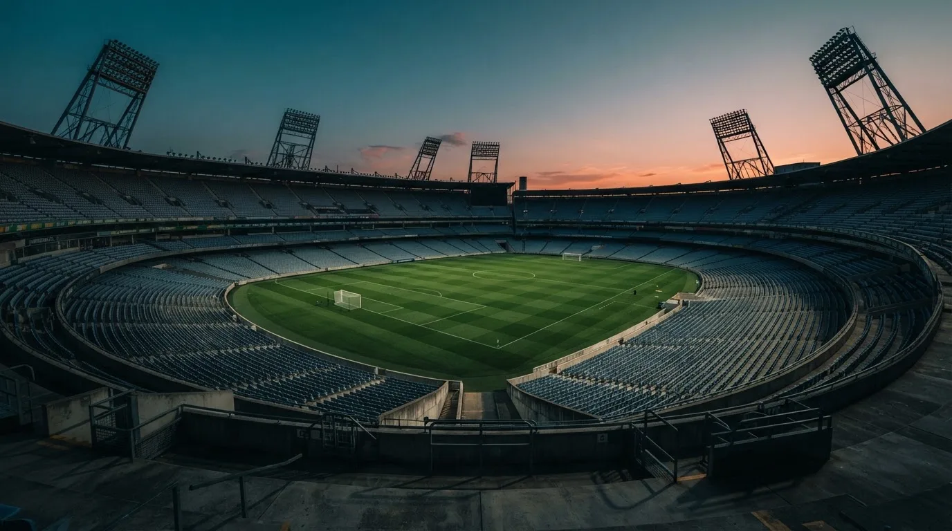 Een leeg voetbalstadion met lichtmasten bij schemering